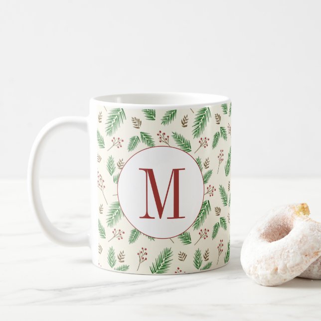 Taza De Café Navidades del Monograma Inicial de Evergreen Winte (Con donut)