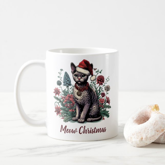 Taza De Café Navidades Devon Rex Cat: Santa Hat y flores (Con donut)