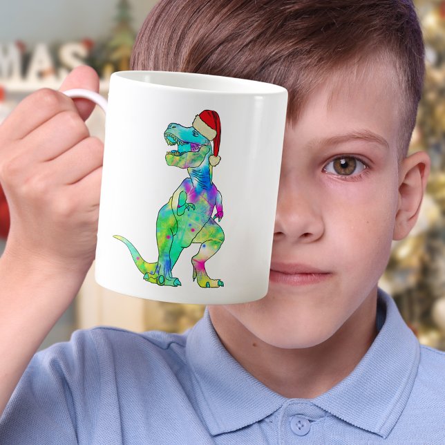 Taza De Café Navidades divertidos de dinosaurios T-Rex (Christmas dinosaur T-Rex Santa colorful holiday mug)