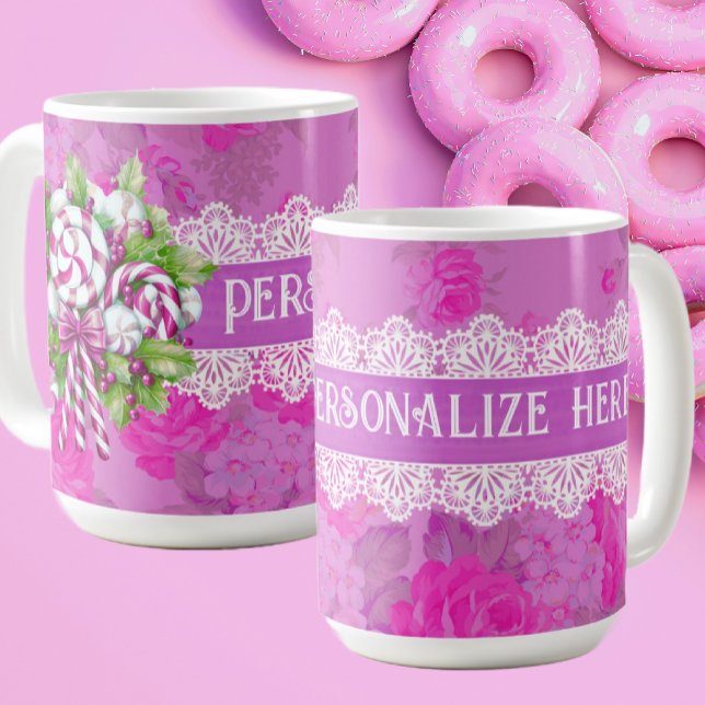 Taza De Café Navidades dulces, rosados y morados personalizados (Personalize this mug with a loved one's name!)