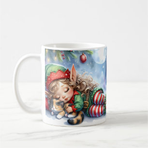 Taza De Café Navidades durmientes Elf con Calico Kitten