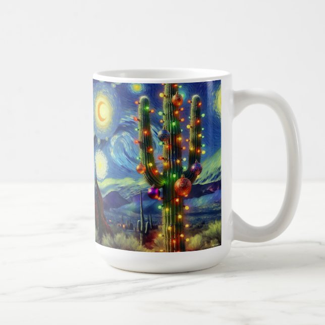 Taza De Café Navidades en el desierto Saguaro Cactus Verde Azul (Derecha)