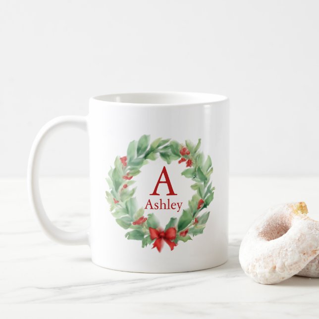 Taza De Café Navidades en monograma y nombre de acuarela (Con donut)
