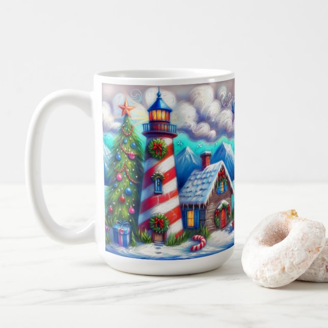 Taza De Café Navidades faro montaña costera náutica (Con donut)