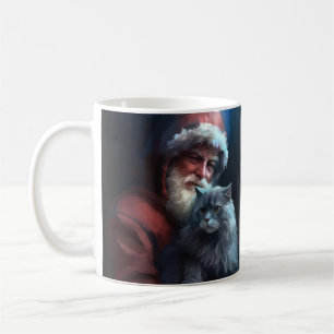 Taza De Café Navidades festivos del gato azul ruso Santa Claus