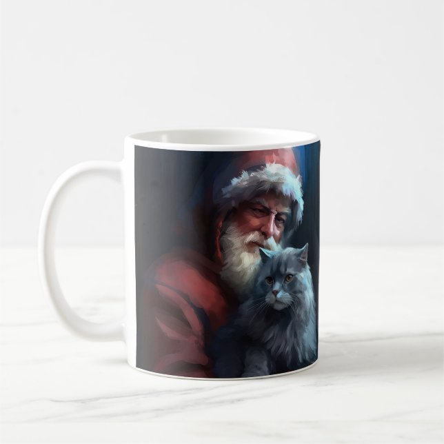 Taza De Café Navidades festivos del gato azul ruso Santa Claus (Izquierda)