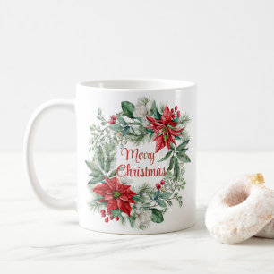Taza De Café Navidades Floral Poinsettia Wreath Merry Christmas