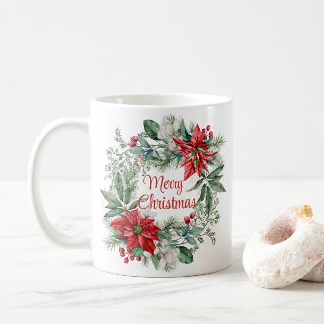 Taza De Café Navidades Floral Poinsettia Wreath Merry Christmas (Con donut)