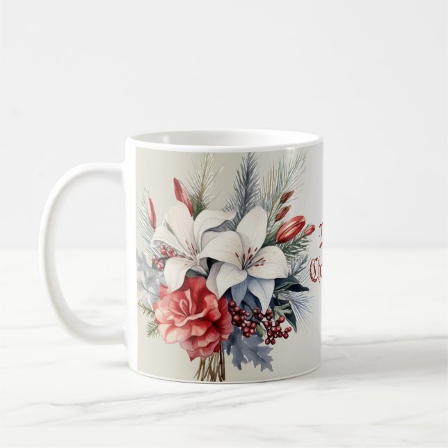 Taza De Café Navidades Flores Rojas Blancas Fiestas Elegantes (Izquierda)