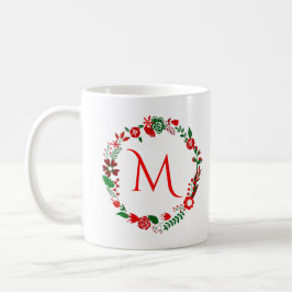 Taza De Café Navidades Foliage & Flowers Wreath con monograma