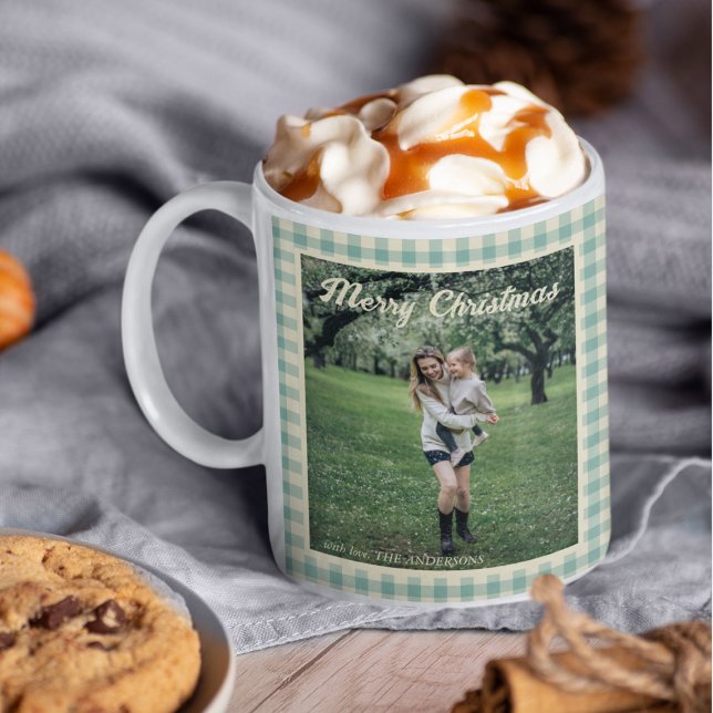 Taza De Café Navidades fotográficos de Gingham Rustic Green Pla (Subido por el creador)
