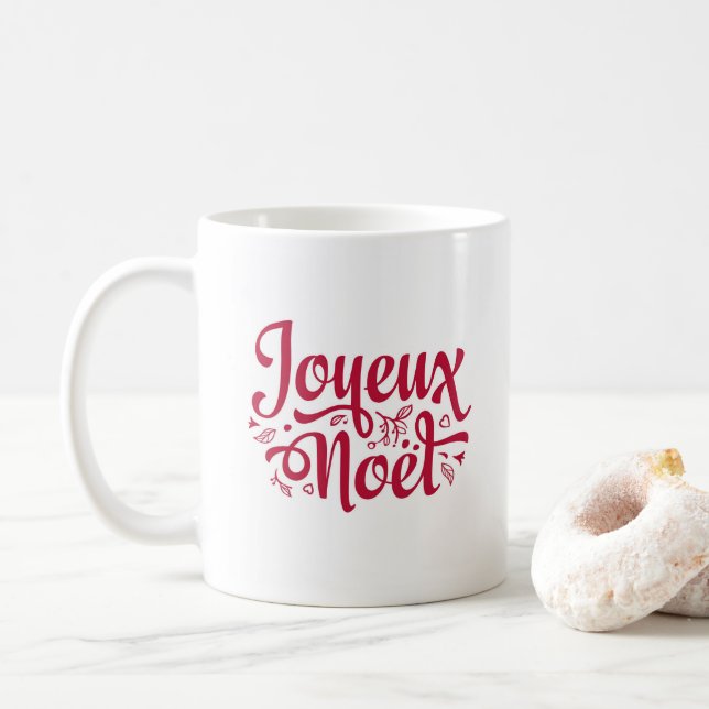 Taza De Café Navidades franceses de Joyeux Noel saludando blanc (Con donut)