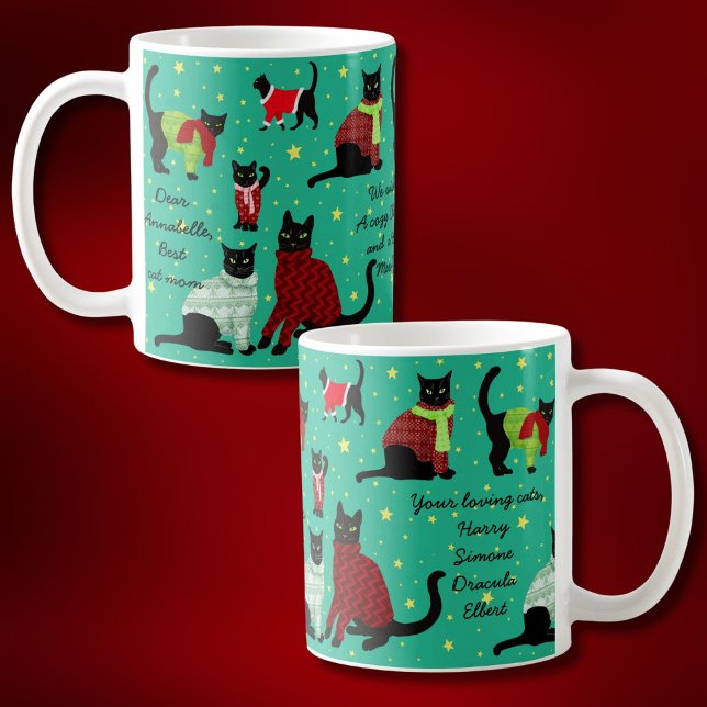 Taza De Café Navidades gatos acogen a los suéteres de todos los (From all of us Cozy black cats in cute winter knitwear customized gift mug)