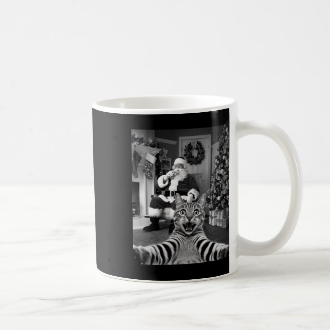 Taza De Café Navidades Graciosos Selfie De Gato Con Santa Claus (Derecha)