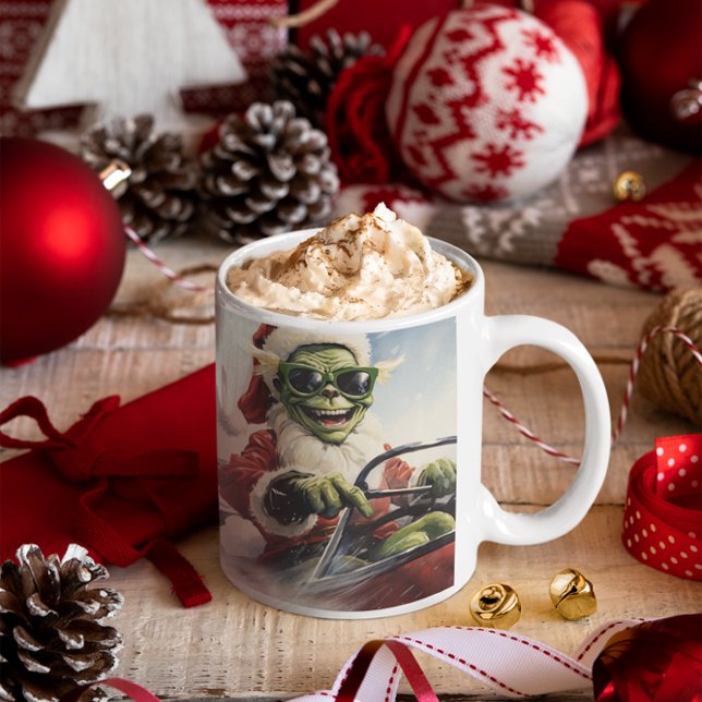Taza De Café Navidades Green Goblin #2 montando moto de nieve (Christmas Grinch #2 riding a snowmobile Coffee Mug
)