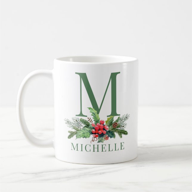Taza De Café Navidades Greenery Bouquet Floral Monograma Nombre (Izquierda)