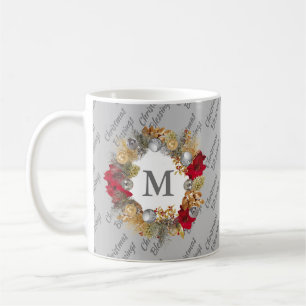 Taza De Café Navidades grises personalizados Wreath Monograma