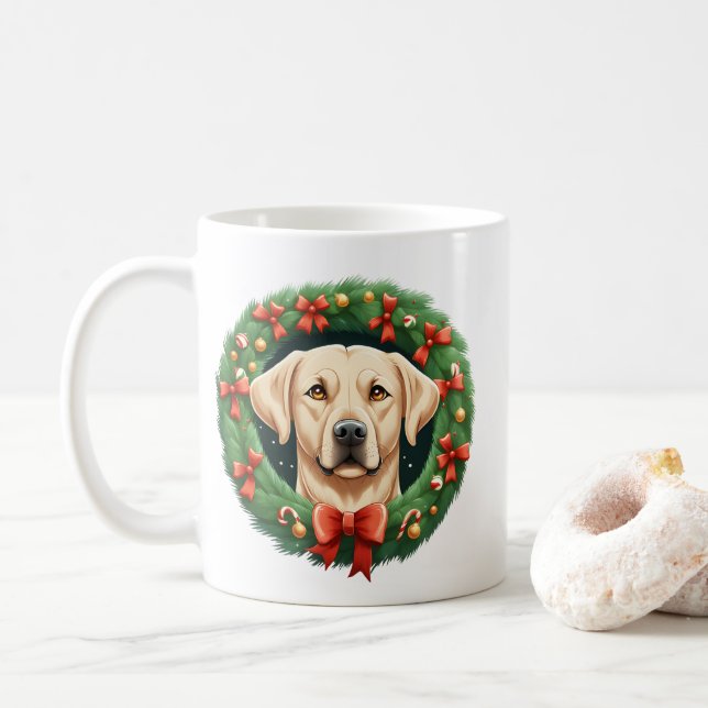 Taza De Café Navidades guapos Labrador Dog Wreath Festividad (Con donut)