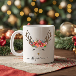 Taza De Café Navidades Holiday Floral de renos personalizada