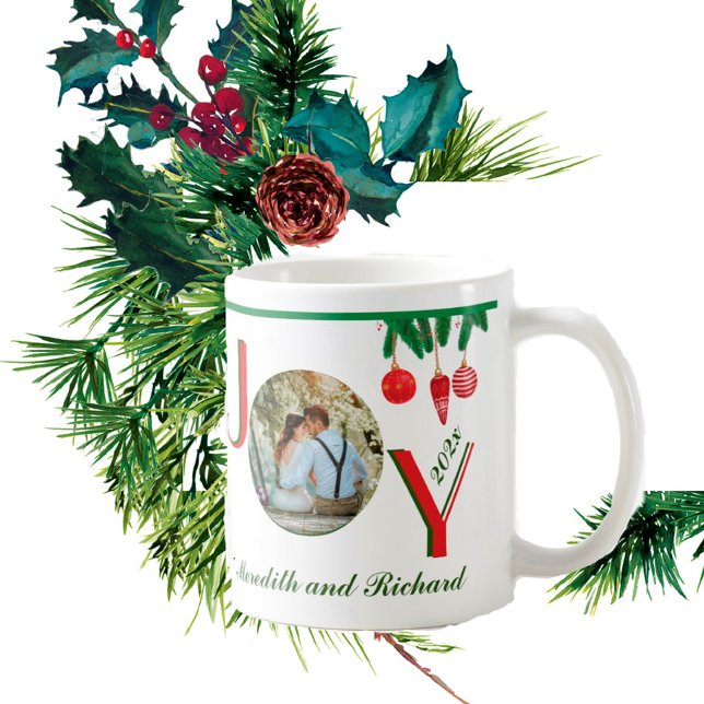 Taza De Café Navidades Holiday JOY Gift Photo Name Year (Subido por el creador)