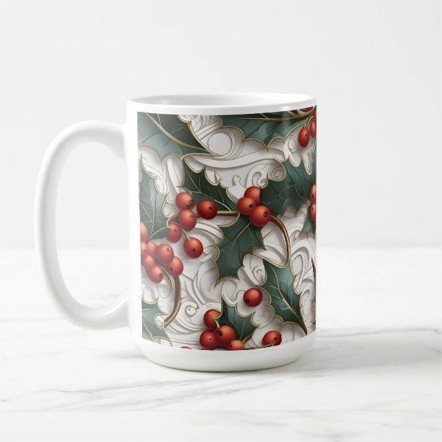 Taza De Café Navidades Holly Patrón Ornamental Gran Café Mug (Izquierda)