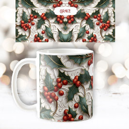 Taza De Café Navidades Holly Patrón Ornamental Nombre Mug