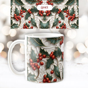Taza De Café Navidades Holly Patrón Ornamental Nombre Mug