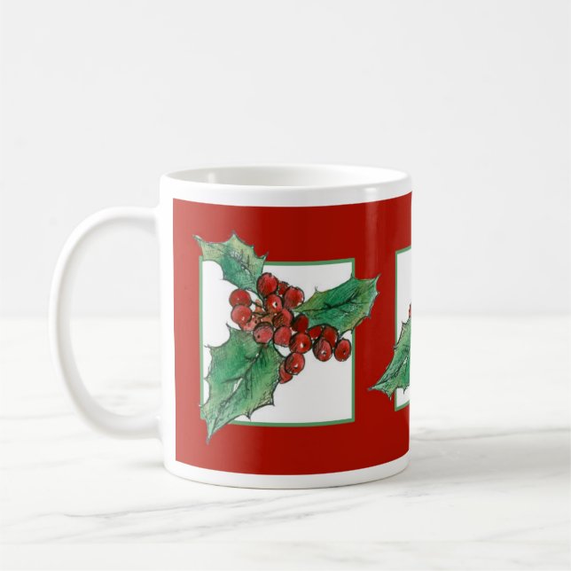 Taza De Café Navidades Holly Planta Botánica Dibujando Rojo (Izquierda)