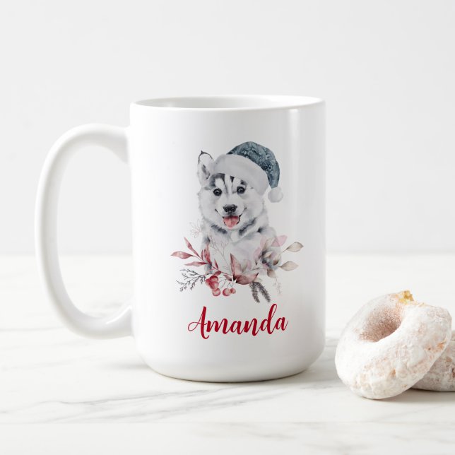 Taza De Café Navidades Husky Dog en Santa Hat (Con donut)