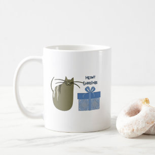 Taza De Café Navidades Meowy Gray Cat con regalo azul