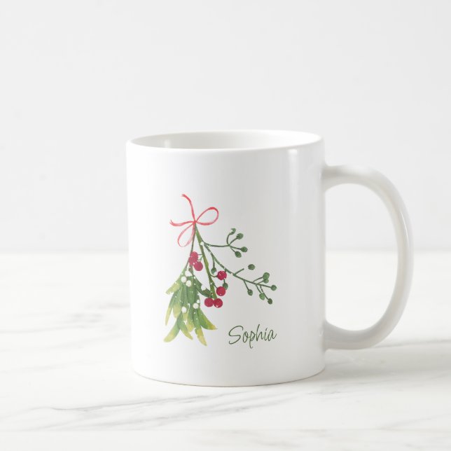 Taza De Café Navidades Mistletoe Holly Berries Personalizado (Derecha)