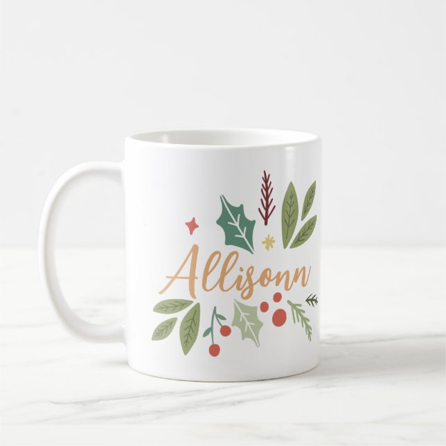 Taza De Café Navidades modernos Berries Foliage Your Name (Izquierda)