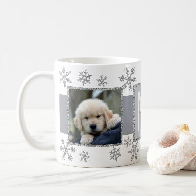 Taza De Café Navidades Monograma de fotografía Silver Snowflake (Con donut)