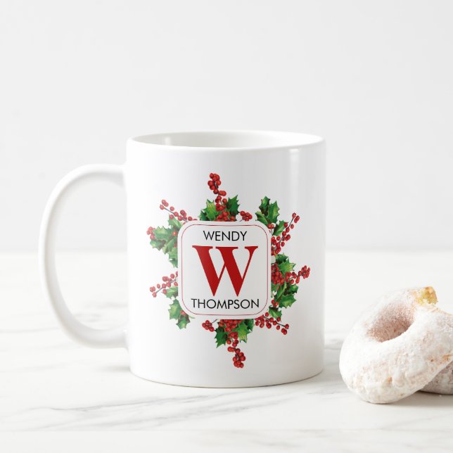 Taza De Café Navidades Monograma Festividad Roja y Verde (Con donut)