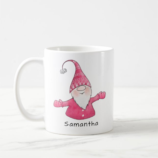 Taza De Café Navidades Monogramados de Gnome Blanco y Rosa (Izquierda)