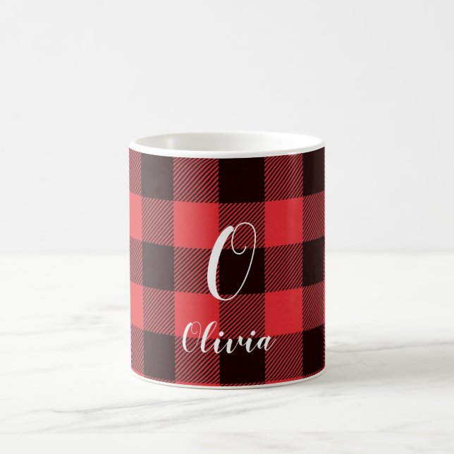 Taza De Café Navidades Monogramados de Red Buffalo Plaid (Centro)