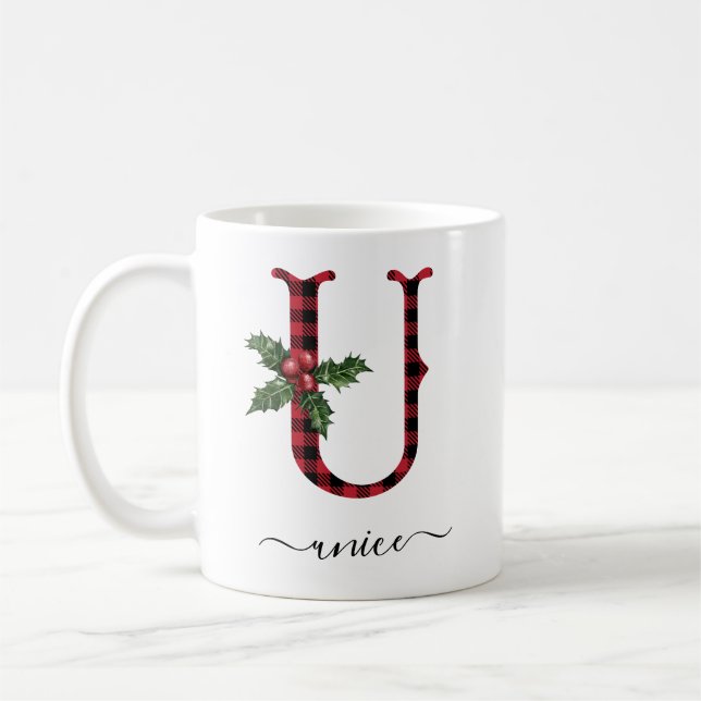 Taza De Café Navidades Monogramas de Buffalo Plaid U Coffee Mug (Izquierda)