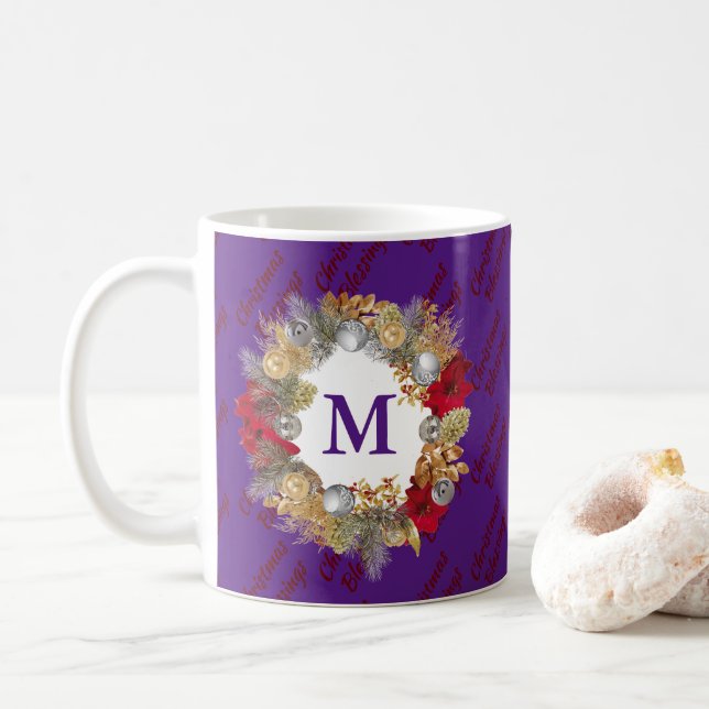 Taza De Café Navidades morados monográficos Wreath (Con donut)