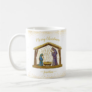Taza De Café Navidades Natividad Manger Típografía de Oro