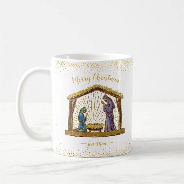 Taza De Café Navidades Natividad Manger Típografía de Oro (Izquierda)