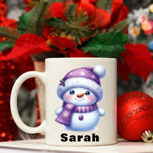 Taza De Café Navidades Nombre personalizado de Snowman púrpura