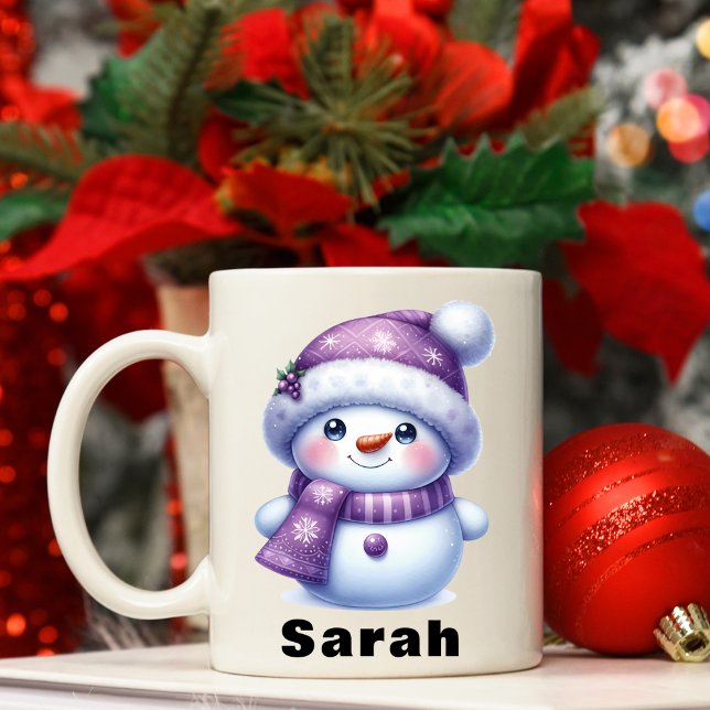 Taza De Café Navidades Nombre personalizado de Snowman púrpura (Christmas Purple Snowman Custom Name Coffee Mug)
