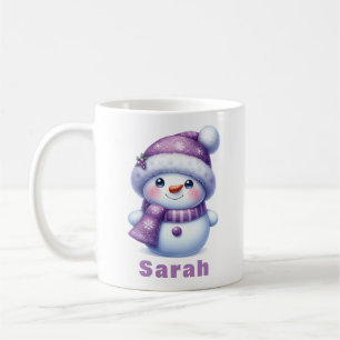 Taza De Café Navidades Nombre personalizado de Snowman púrpura
