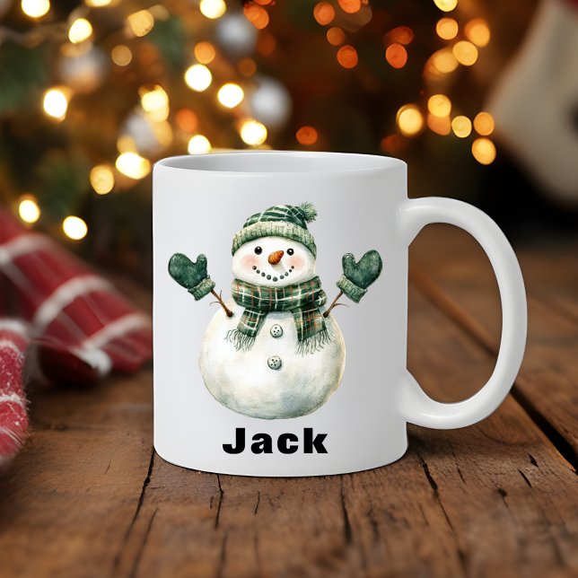 Taza De Café Navidades Nombre personalizado del Gorra verde de  (Christmas Snowman Green Hat Custom Name Coffee Mug
)