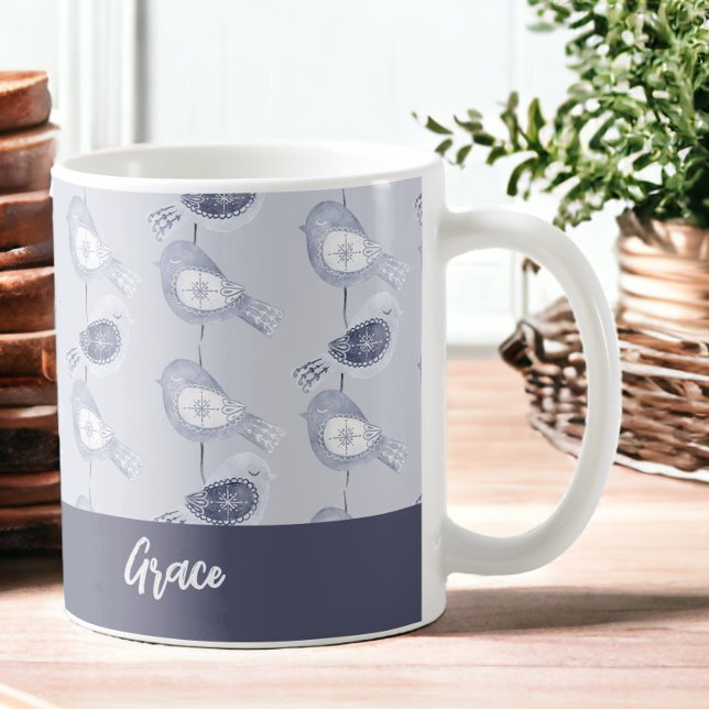 Taza De Café Navidades nórdicos Aves azules personalizadas (Nordic Christmas Blue Birds Personalized Coffee Mugs from Ricaso)