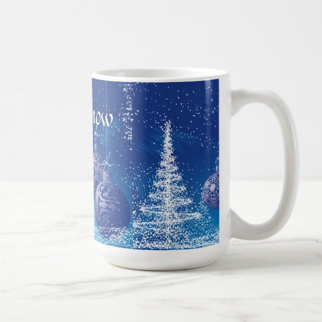 Taza De Café Navidades Ornamentos azules Árboles blancos (Derecha)