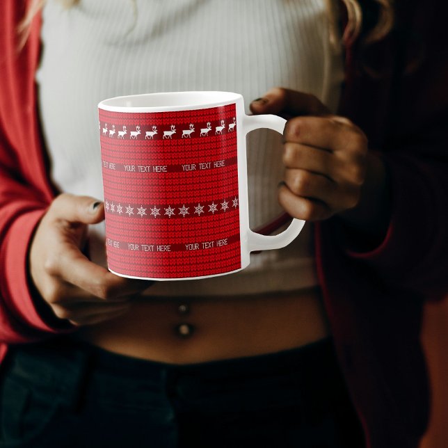 Taza De Café Navidades Personalizado Texto Rojo Tejido Tejido B (Christmas Custom Text Red White Knitted Sweater Coffee Mug)