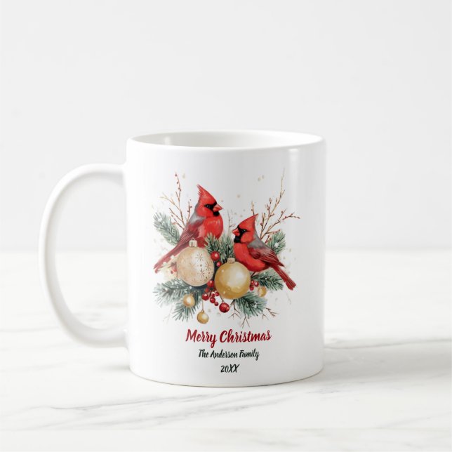 Taza De Café Navidades personalizados Cardenales rojos y bayas (Izquierda)