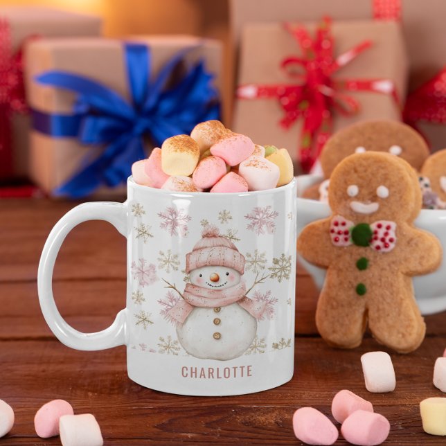 Taza De Café Navidades personalizados de invierno rosado y lind (Personalized Cute Pink Winter Snowman Christmas Coffee Mug)
