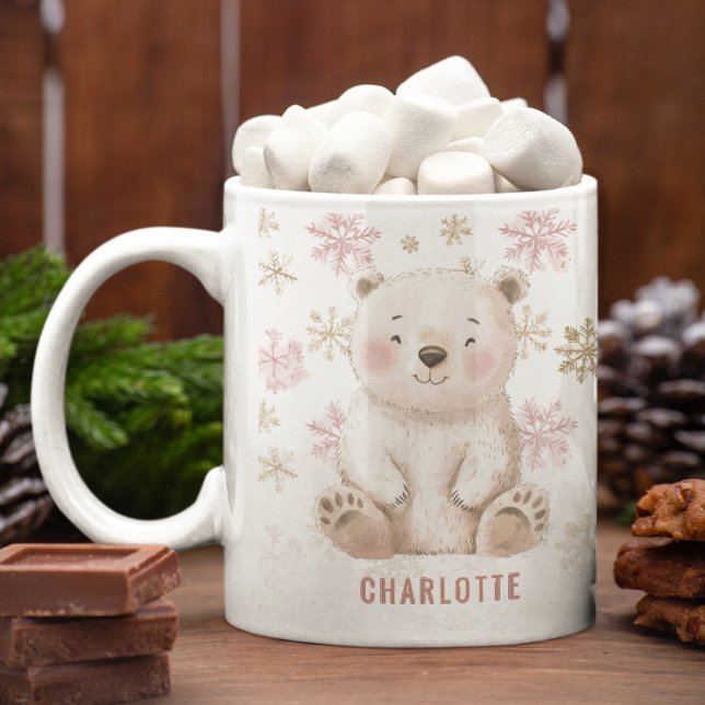 Taza De Café Navidades personalizados de osos de invierno rosad (Personalized Cute Pink Winter Bear Christmas Coffee Mug)